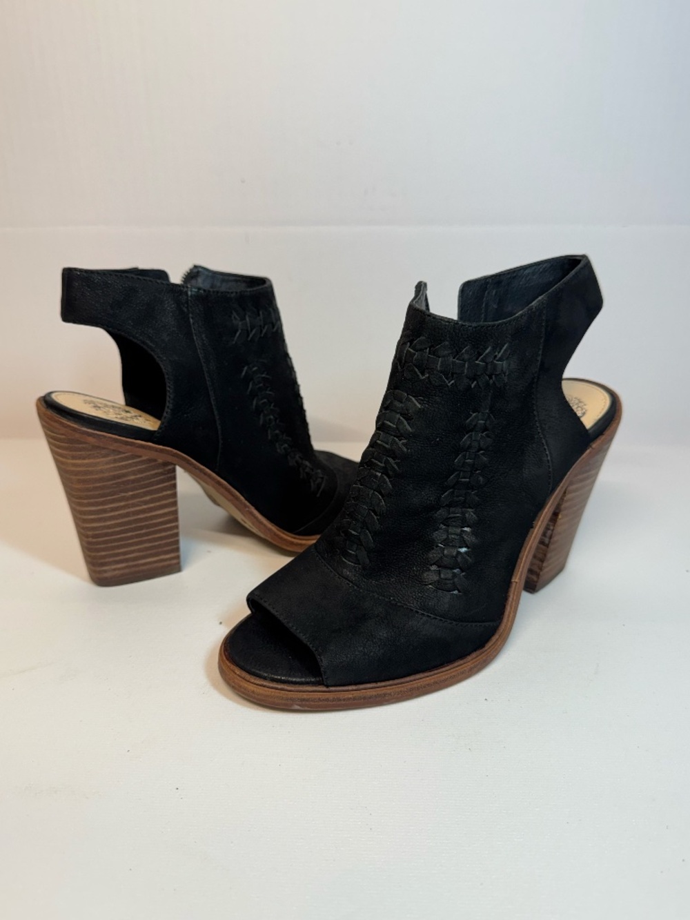Vince Camuto Emmia Black Woven Leather Peep Toe Booties 7M